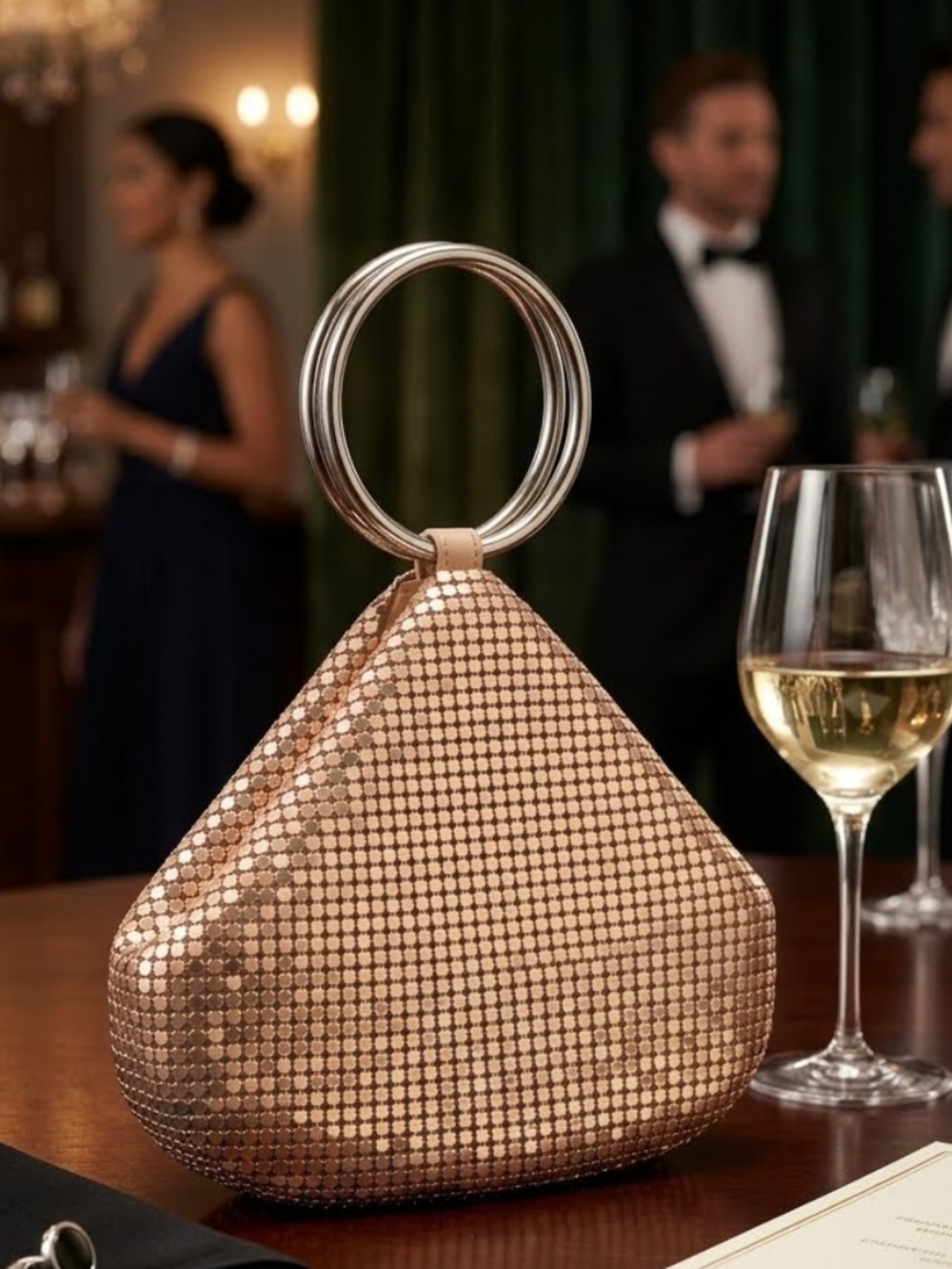 Jessica McClintock Rose Gold Sequin Ring-Handle Clutch
